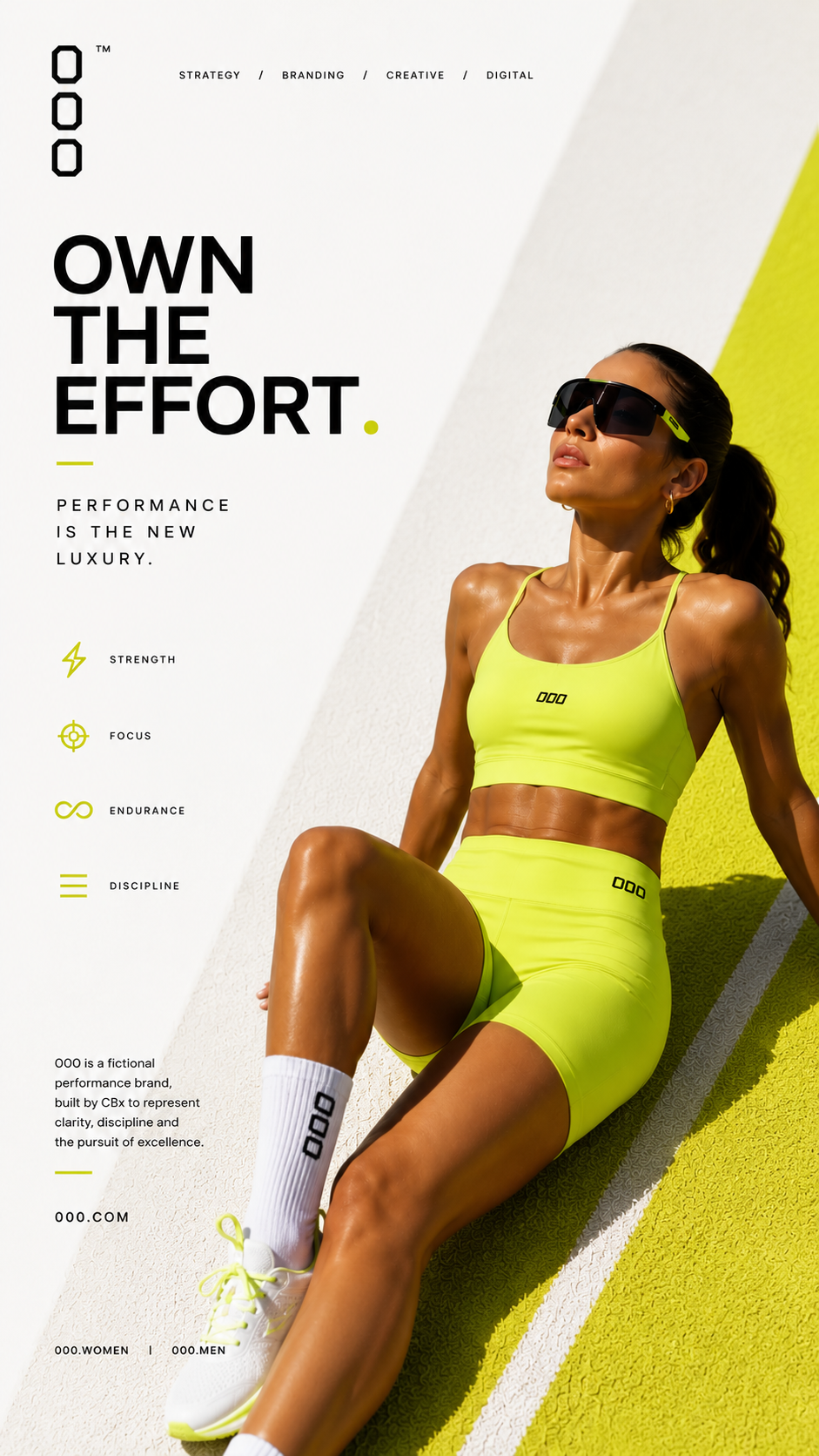 Performance apparel campaign still — model in neon activewear, bold sans headline "Own the effort."