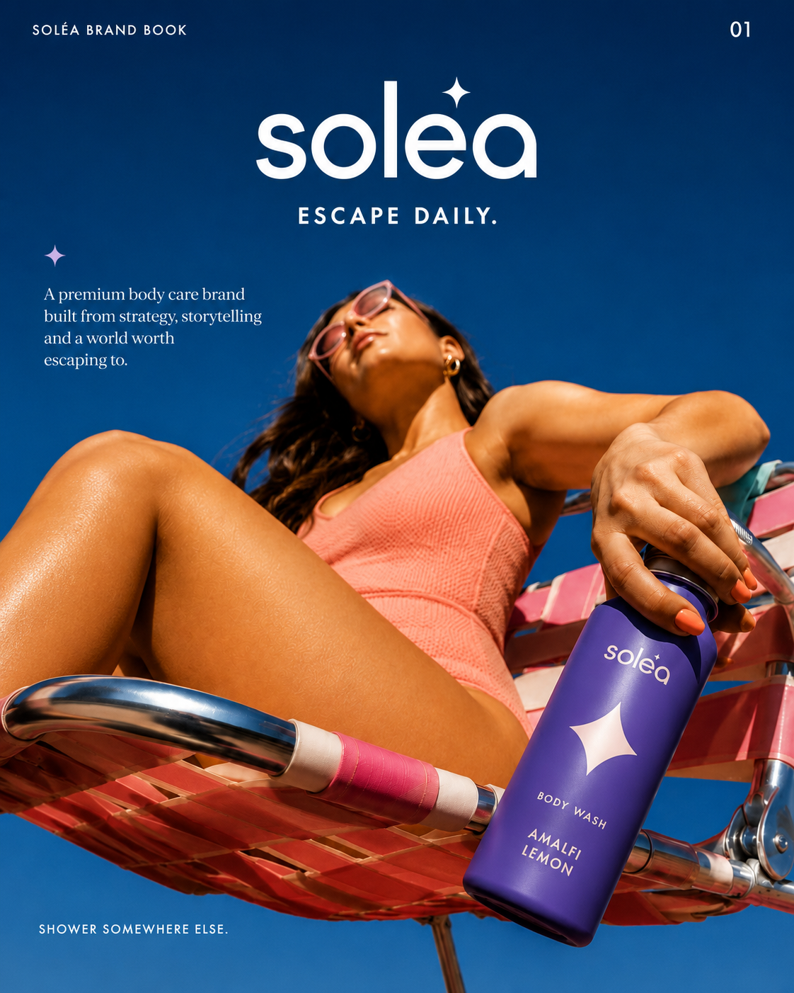 Soléa body care brand book cover — model reclining poolside holding an Amalfi Lemon body wash can.