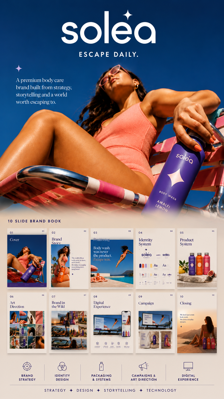 Soléa body care brand book cover — model reclining poolside holding an Amalfi Lemon body wash can.