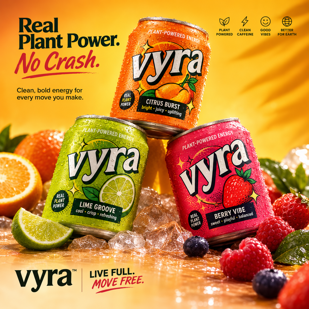 Vyra plant-powered energy drink — three flavor cans on ice with fresh citrus and berries.