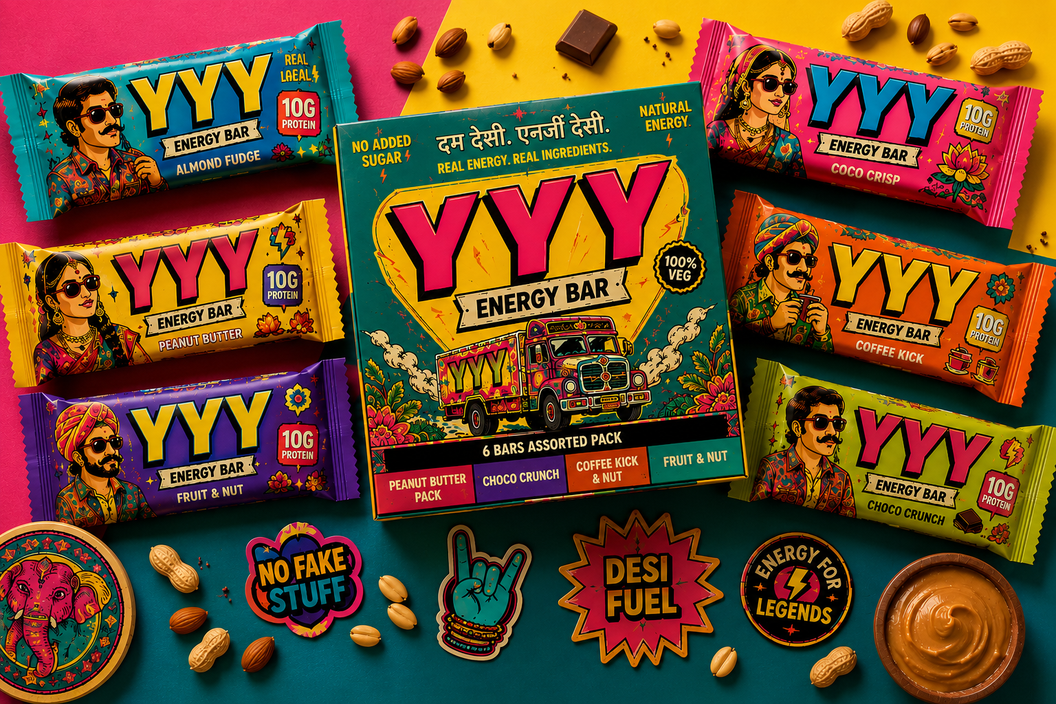 YYY energy bar packaging spread — six assorted flavor wrappers around the retail box.