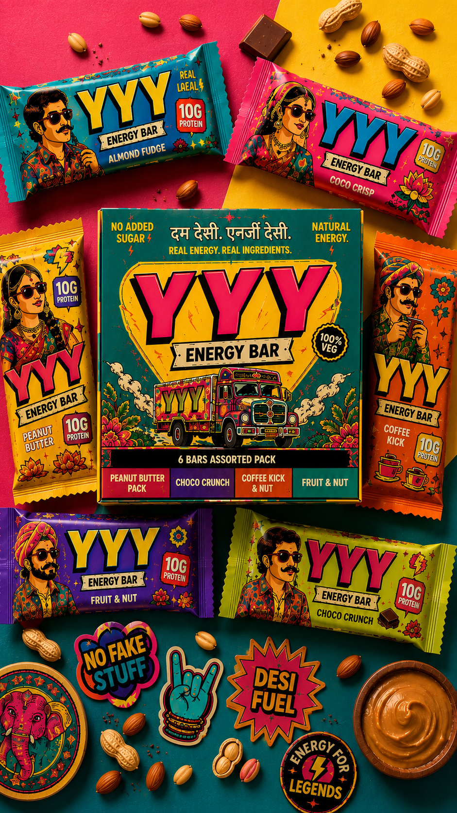 YYY energy bar packaging spread — six assorted flavor wrappers around the retail box.